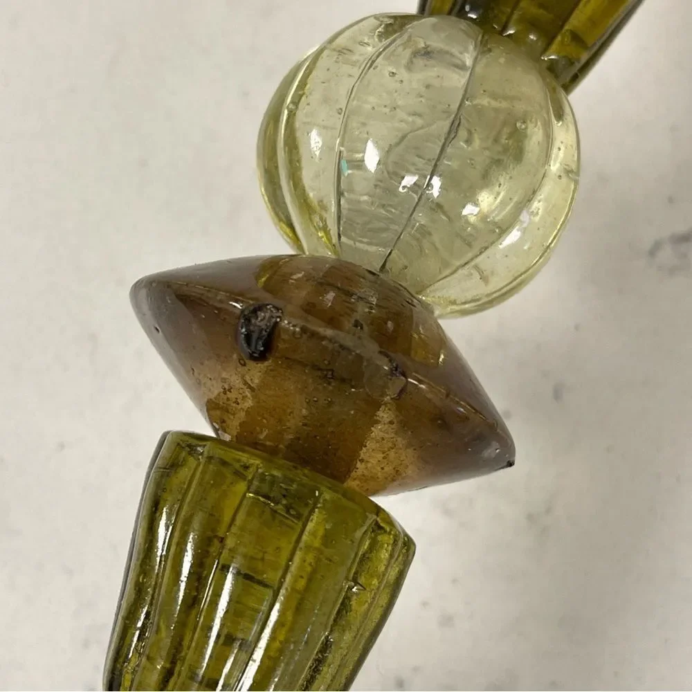 Zodax Candle Stick Holder Set of Green and Amber Glass Beads Bohemian